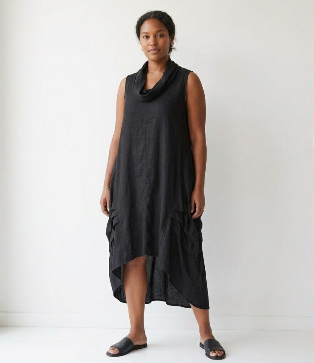 For Cynthia Midi Dress Womens XL Black Linen Cowl Neck Lagenlook Minimalist Boho